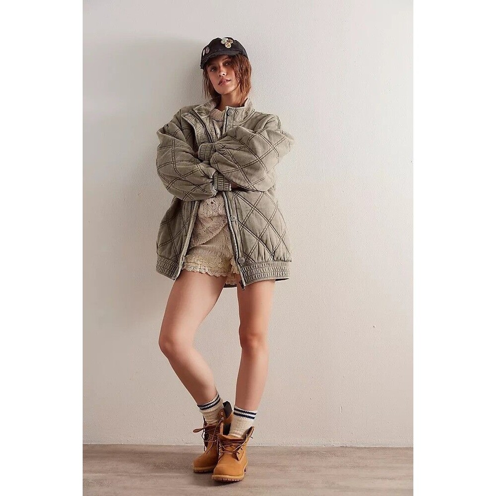 Free People Juno Quilted Jacket Top Bomber Oversized Buttondown Cotton M 283517